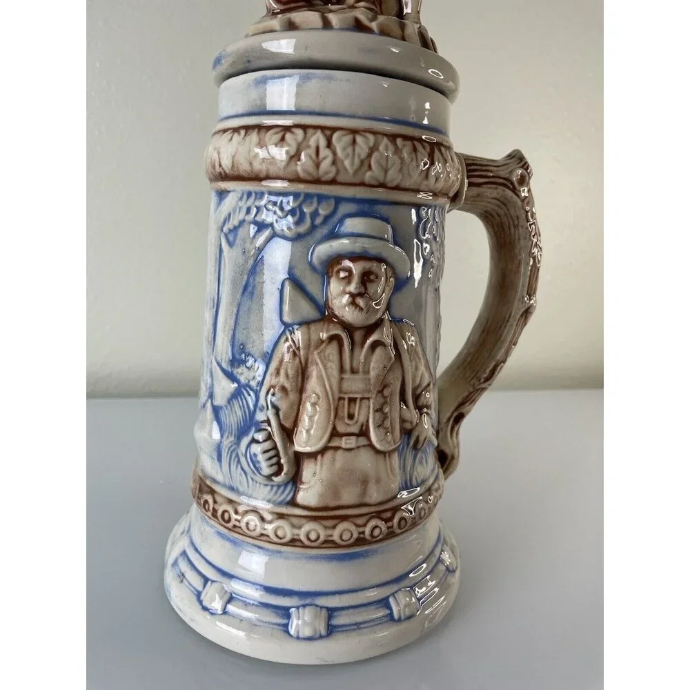 Vintage Hand Painted Ceramic German Deer Stein W/ Man & Dog Lid Brown Blue 12.5”