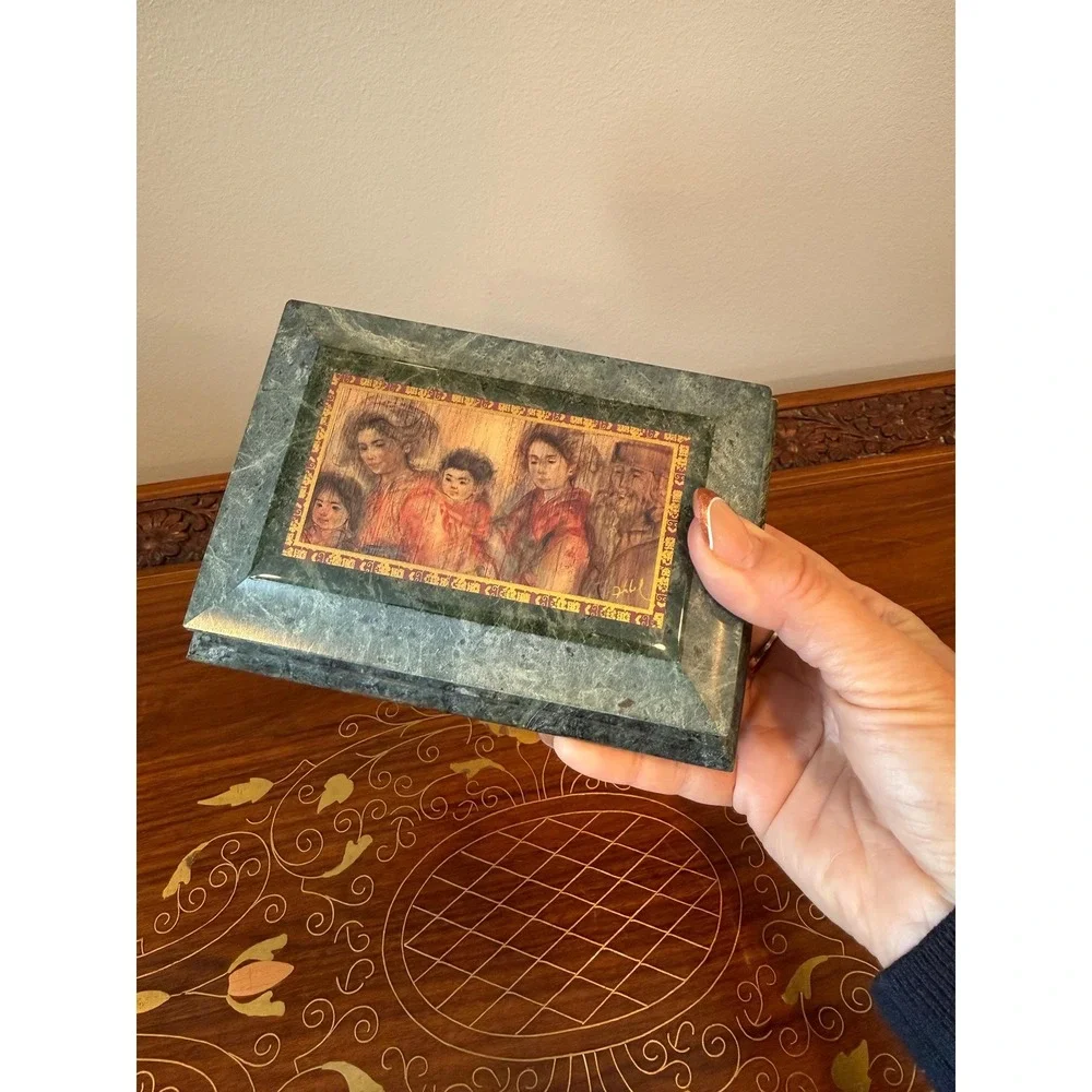 Vintage Edna Hibel Marble Jewelry Box - Signed Green Stone Trinket Box‎