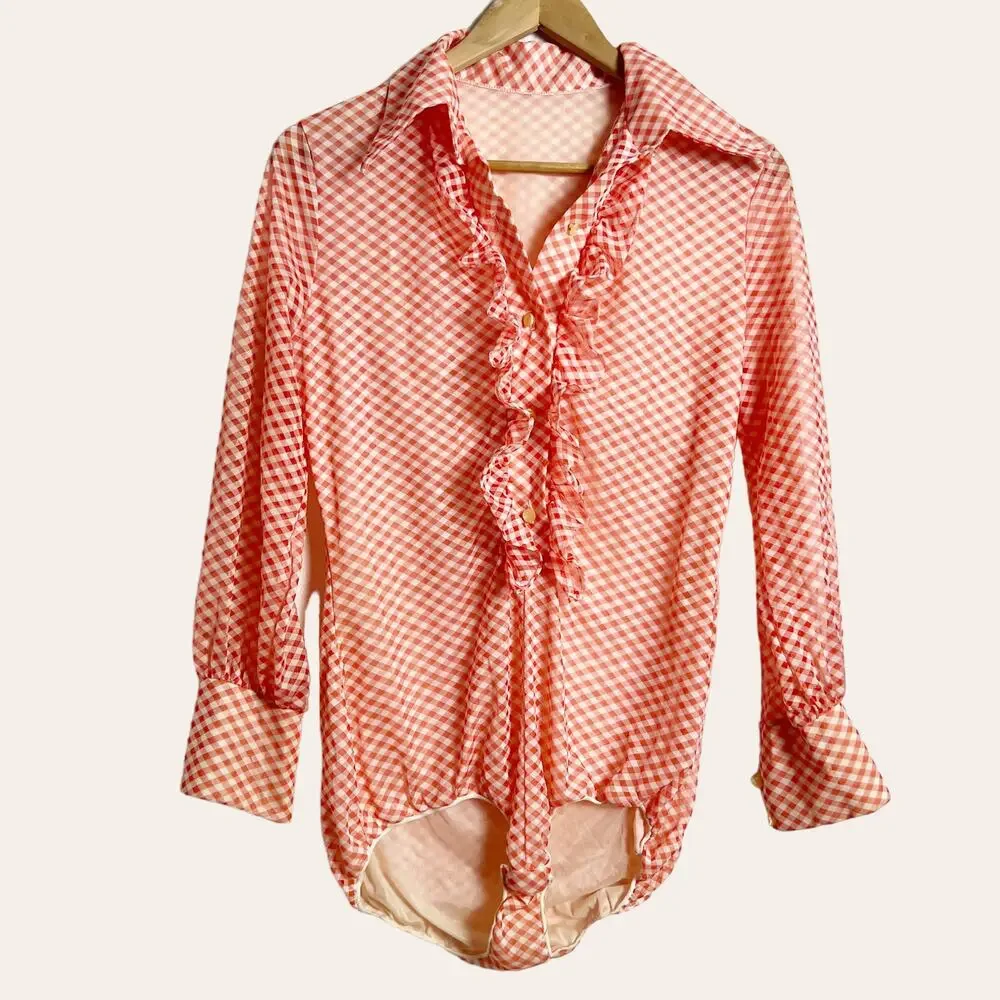 70’s Vintage Red Gingham Check Print Ruffle Front Collared Bodysuit Size M