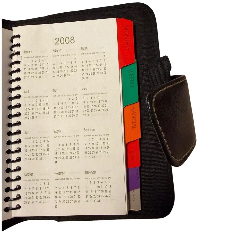 Black Faux Leather Pocket Planner Organizer Address Book Spiral Bound Tabbed 08