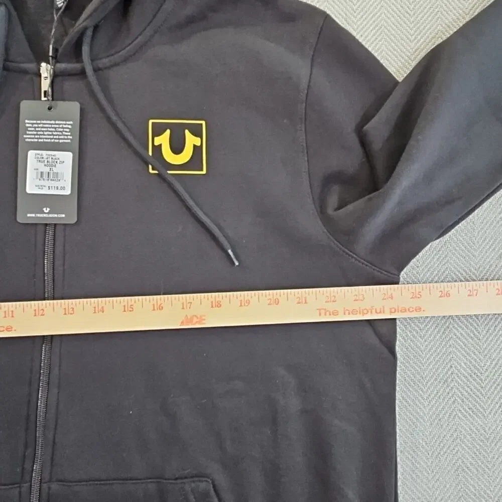 True Religion Full Zip Hoodie Men's XL NWT Black Long‎ Sleeve Gold Sleeve