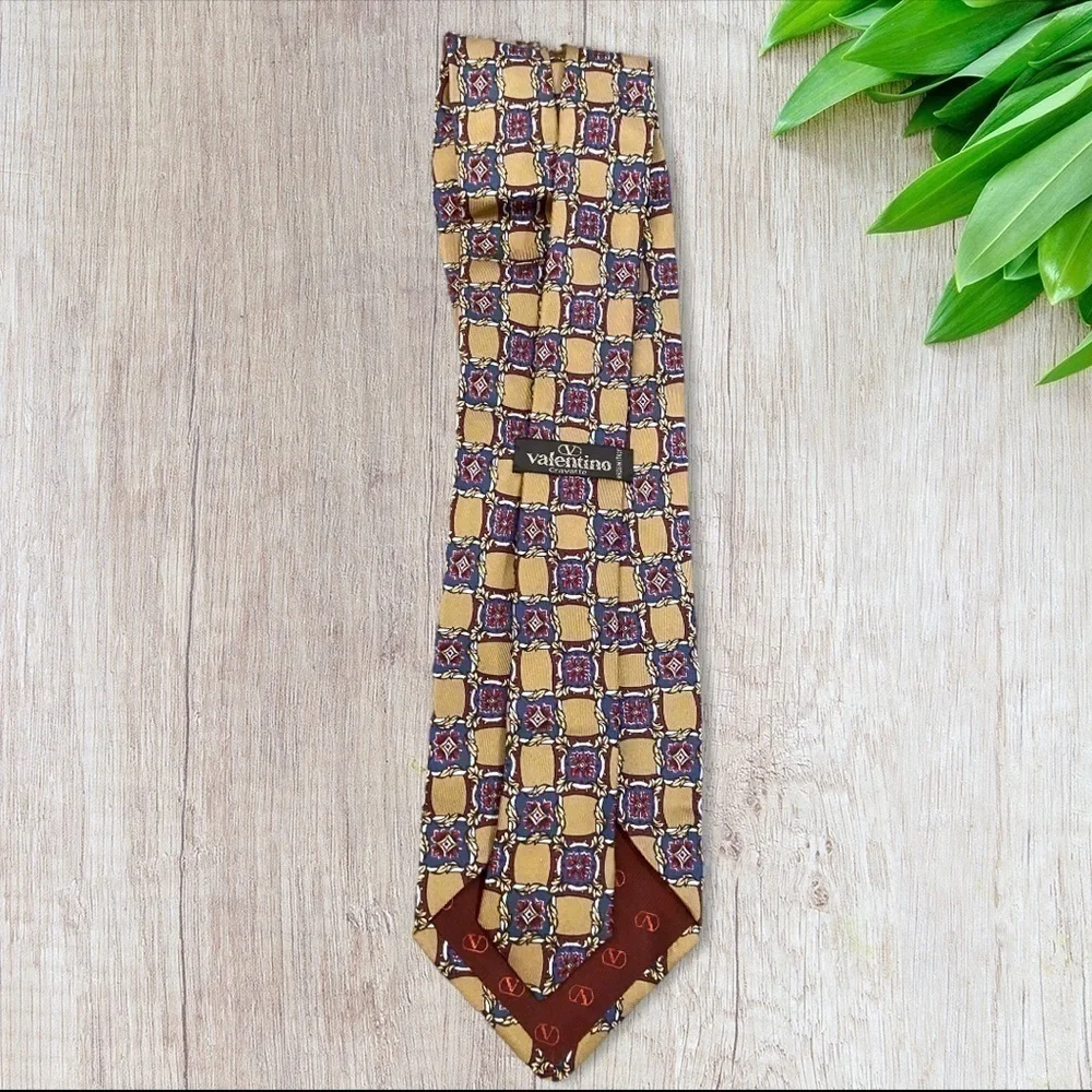 Vintage 90s Valentino Cravatte Silk Tie Baroque Geometric Print Made in Italy