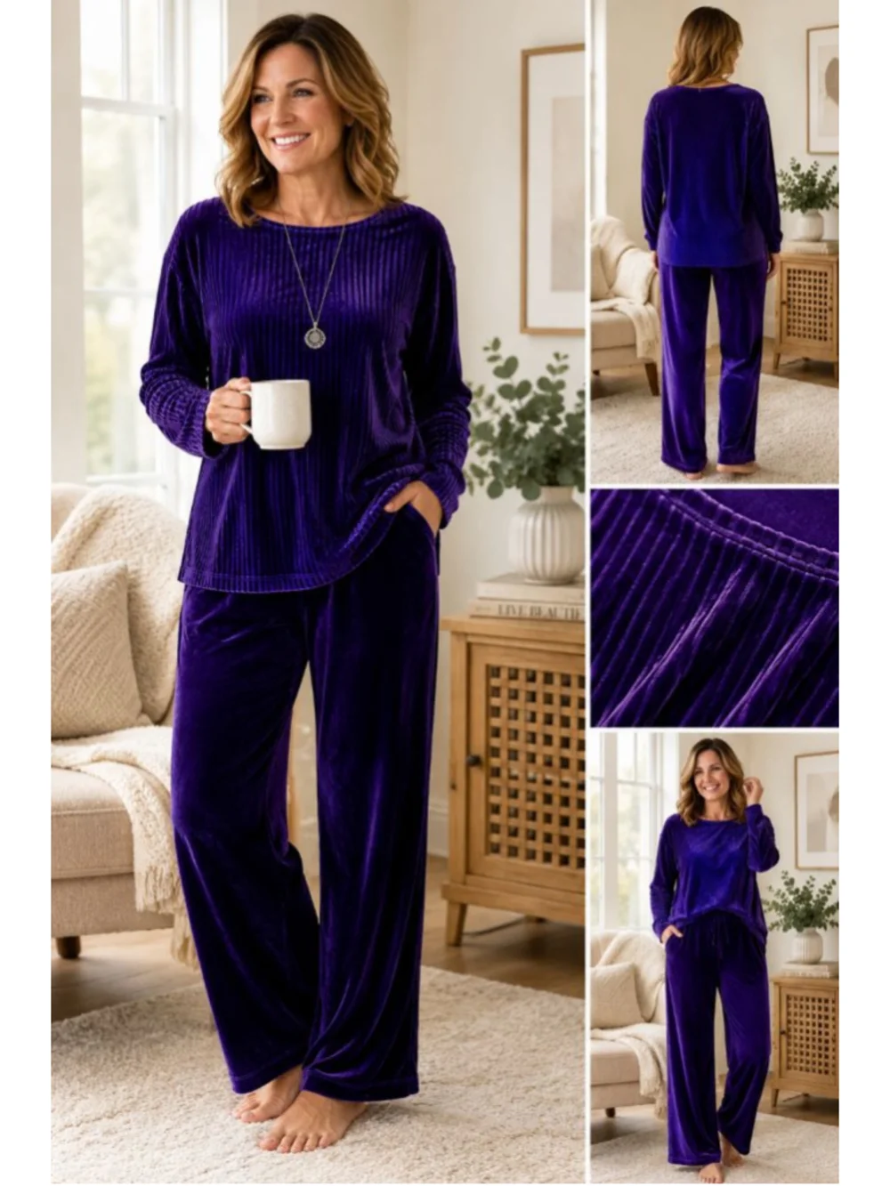 Draper’s & Damon’s Petite XL Purple Velour Lounge Set Y2K Ribbed Top Pants