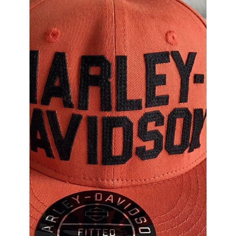 Harley-Davidson Motorcycle Block Letter Fitted Cap Hat Men’s Sz 7 1/8 Orange NEW