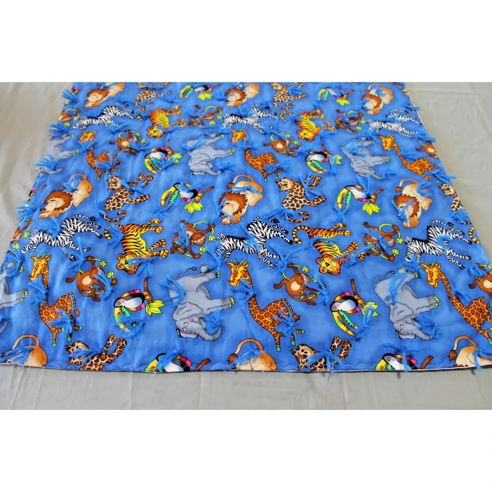 Handmade Baby Blanket Crib Nursery Jungle Animals Blue Primary Colors 43x30