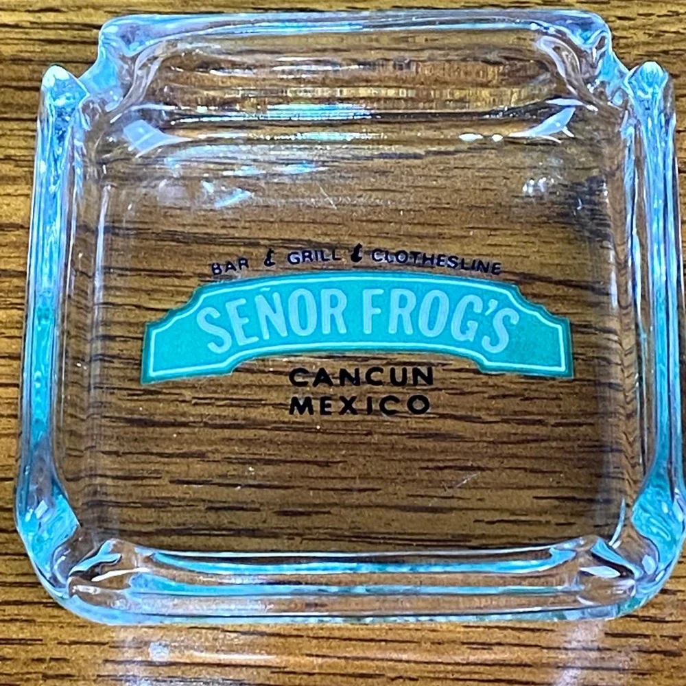 Vintage Senor Frogs Cancun Mexico Clear Glass‎ Ashtray Bar Grill Clothesline