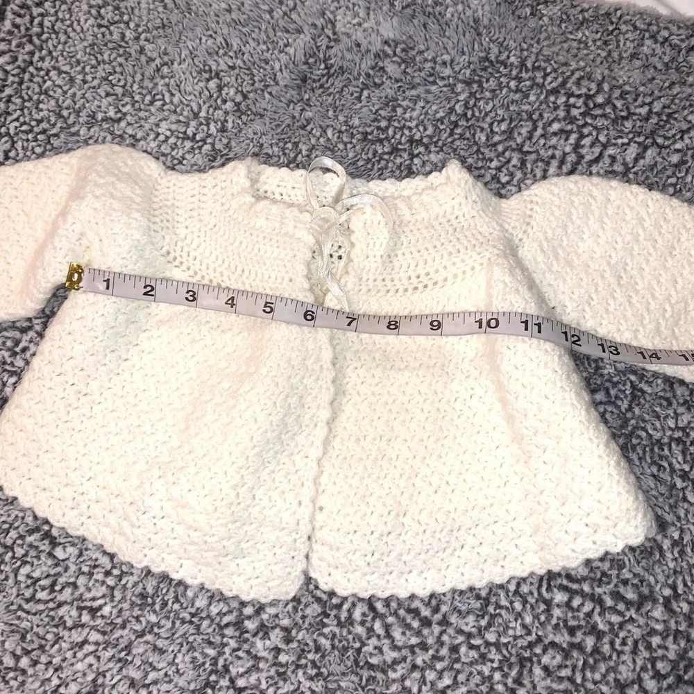 Crocheted baby outfits pink and ivory cardigan bonnet dress bottoms 0-6 months