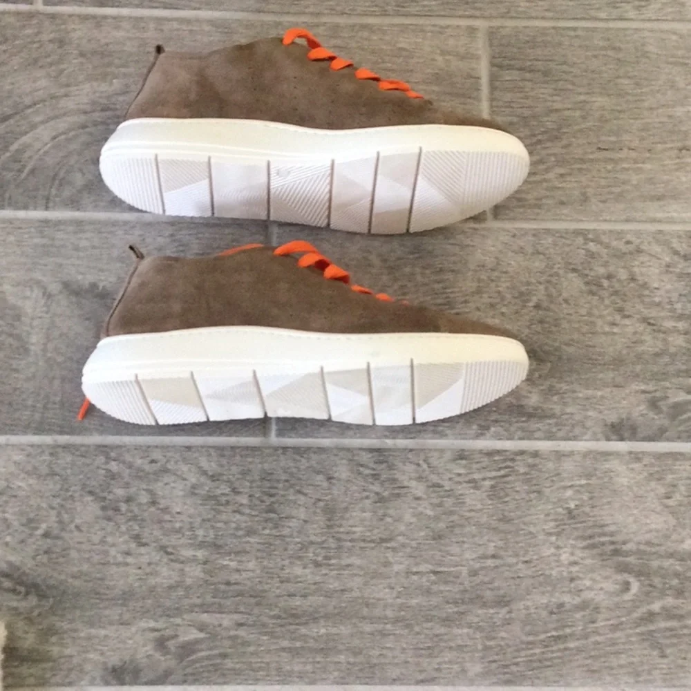 Taupe Suede Women’s Sneakers with Orange Laces