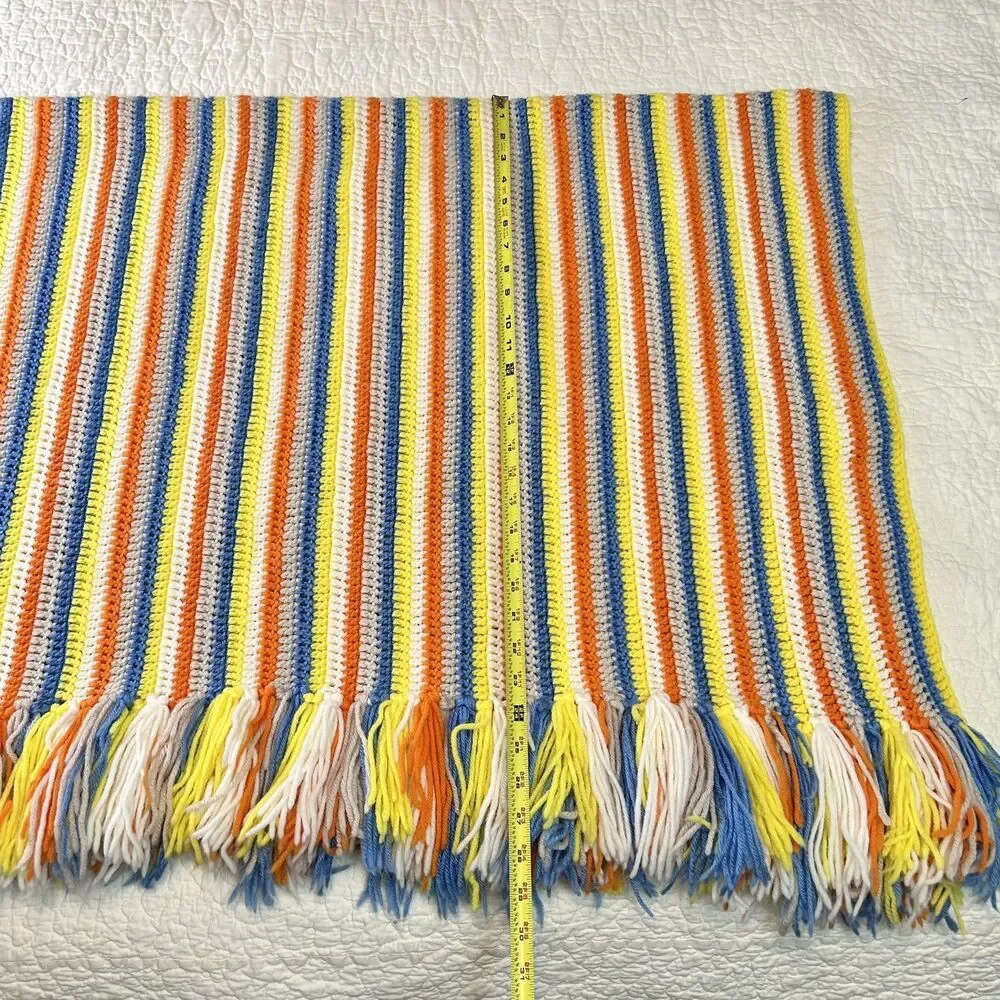 Handmade Vintage Cottagecore Orange Yellow Blue & White Afghan Blanket 56 x 41”