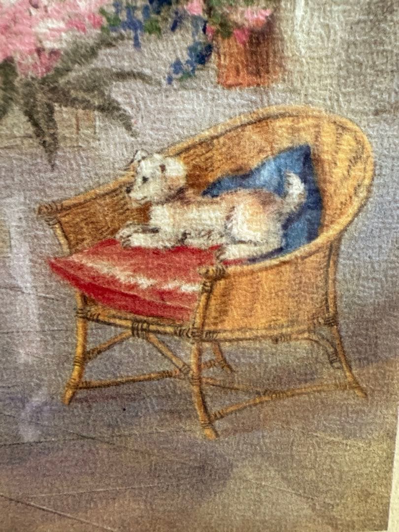 Indoor scene with puppy and rocking horse, landscape with flowers. Made in Italy.